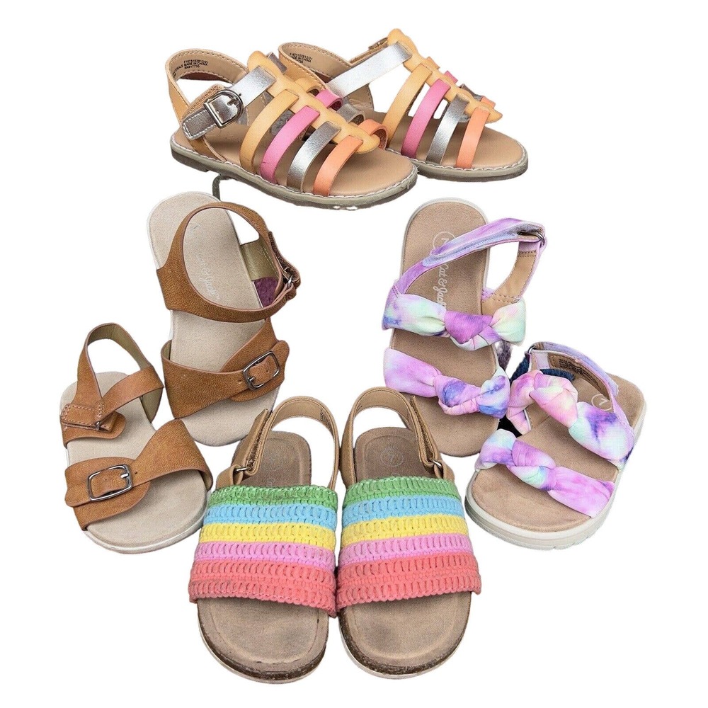 Cat & Jack Sandals LOT OF 4 Girls Size 7 Pink Purple Rainbow Straps Buckle Flat